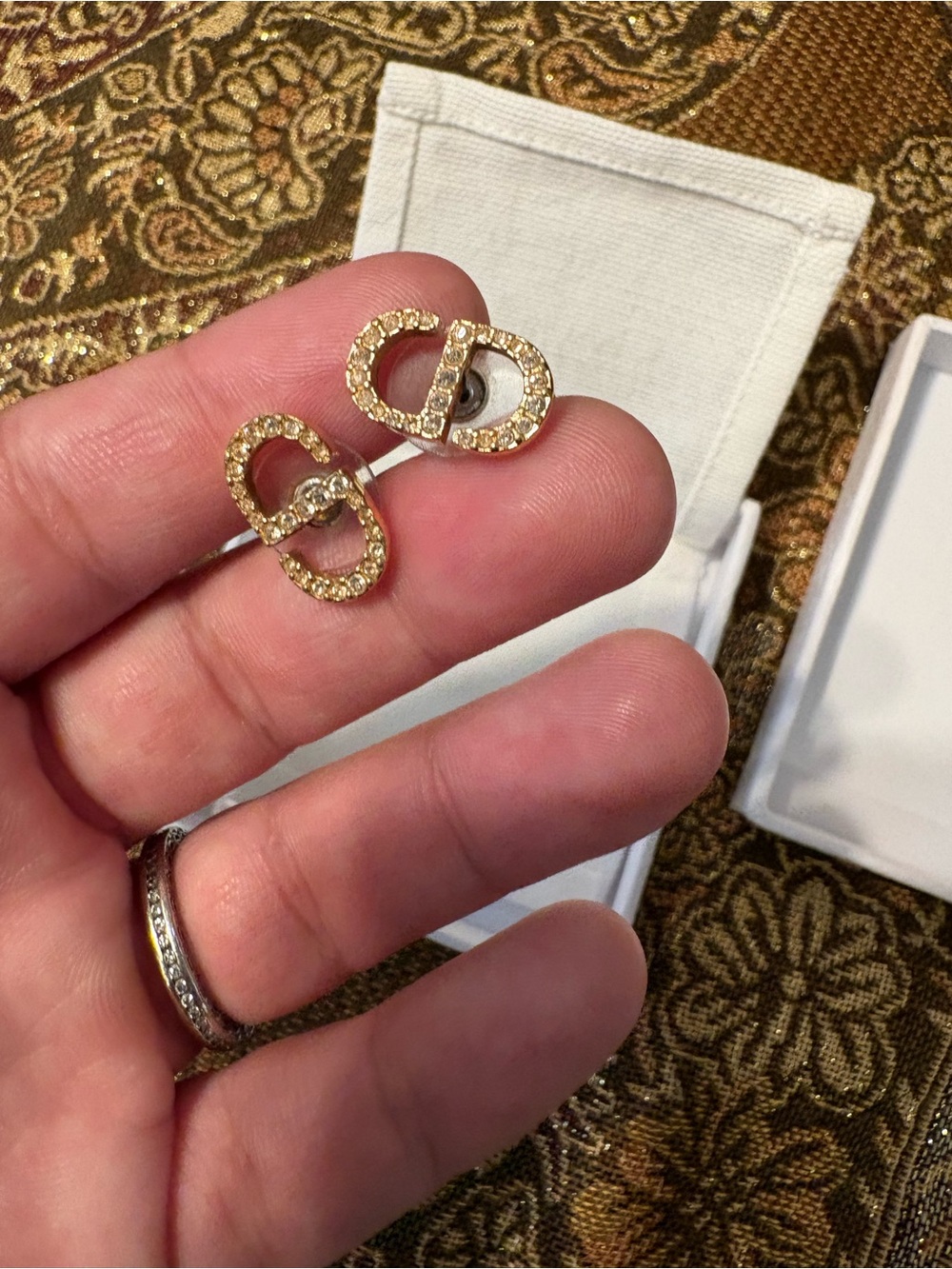 DIOR Genuine Petit CD Gold Crystal Stud Earrings w/Original Box (See ⬇️)